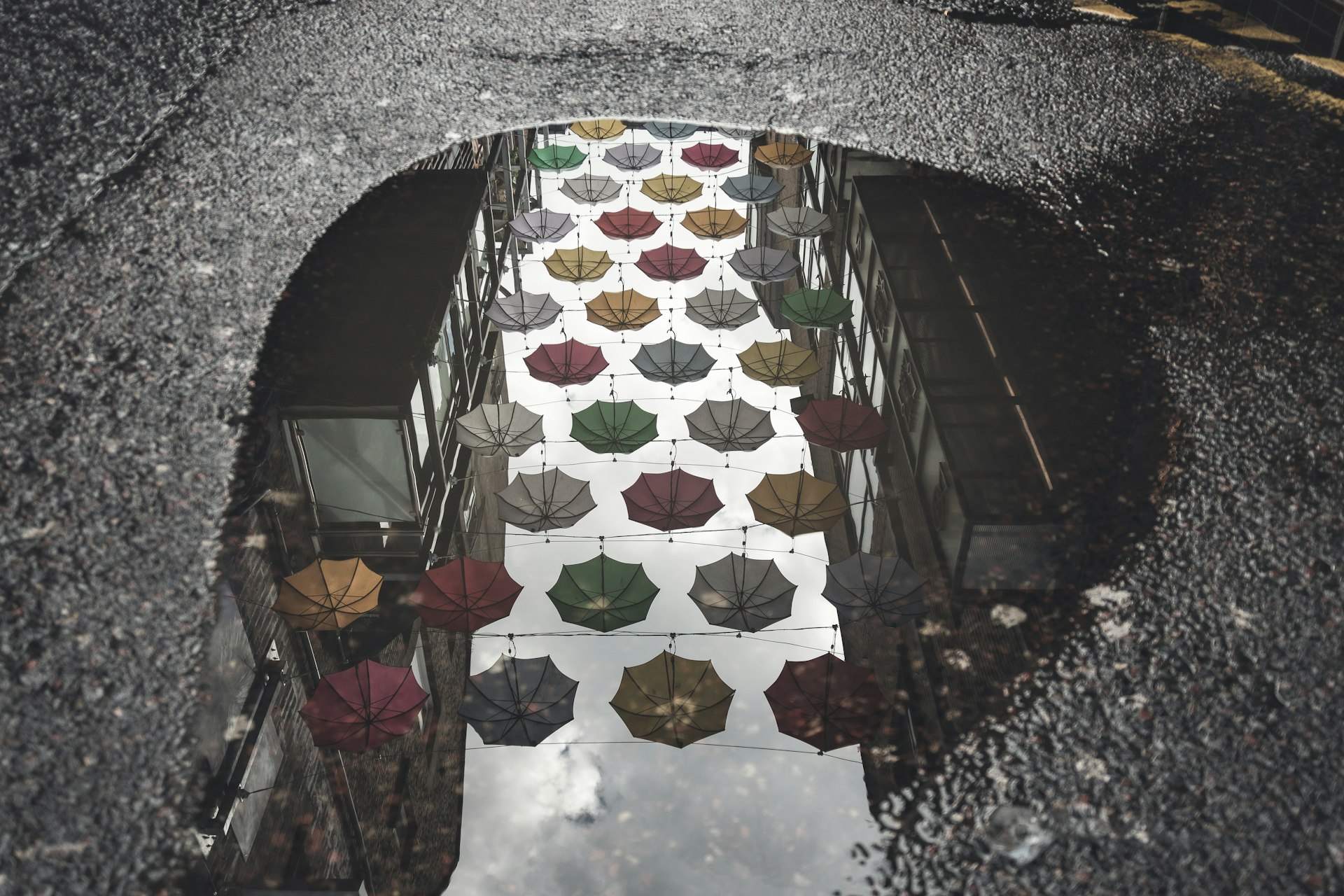 A puddle in a street reflecting a series of colorful umbrellas that are suspended in the sky